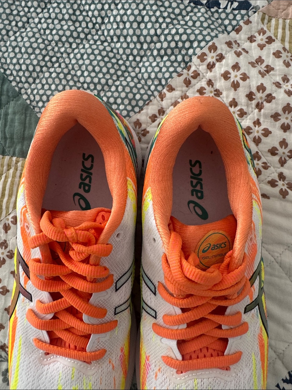 Asics White Athletic Shoes with Bright Orange Laces and Neon Yellow Accents - Picture 2 of 5